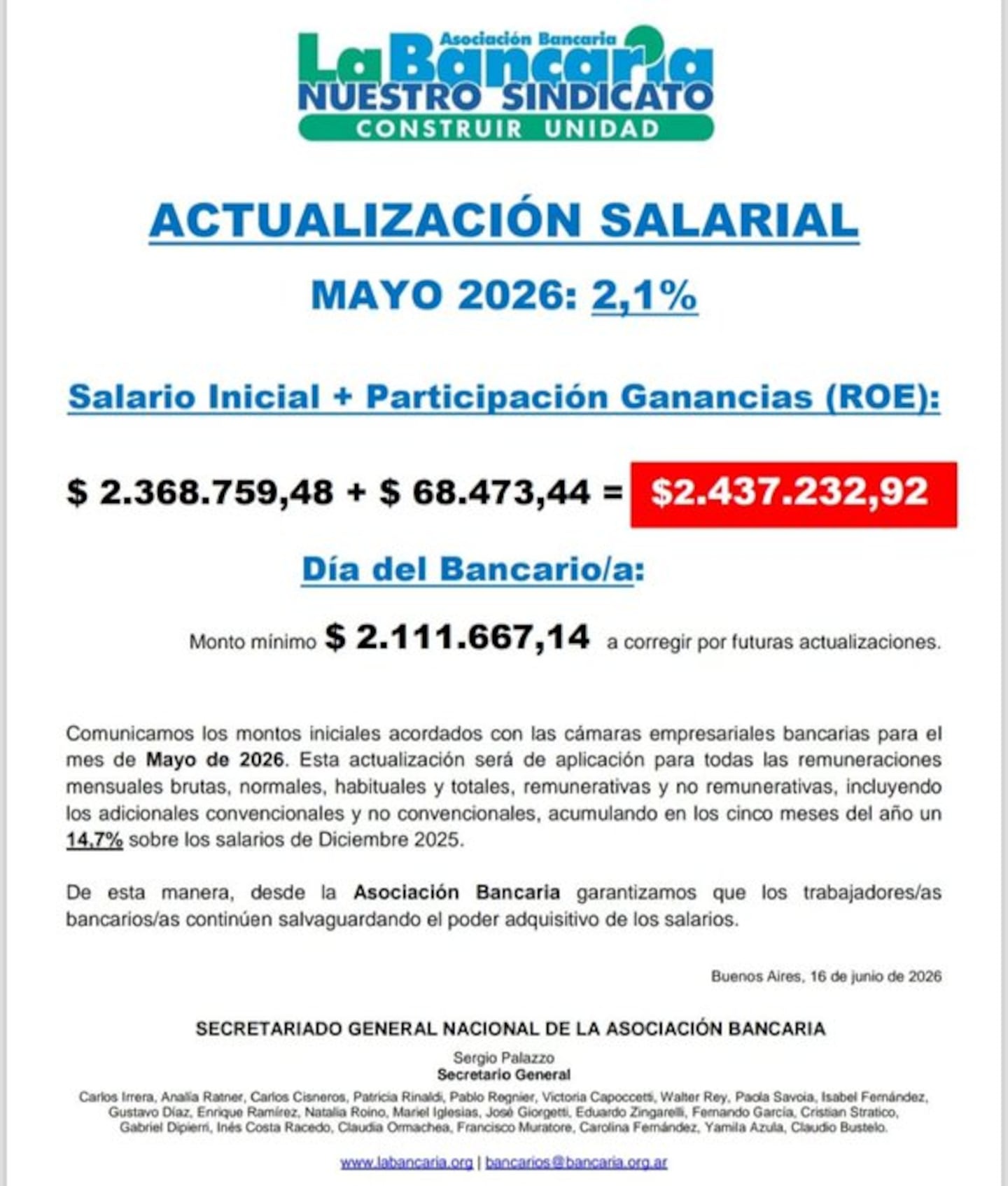 Acuerdo salarial de trabajadores bancarios (Foto: La Bancaria).