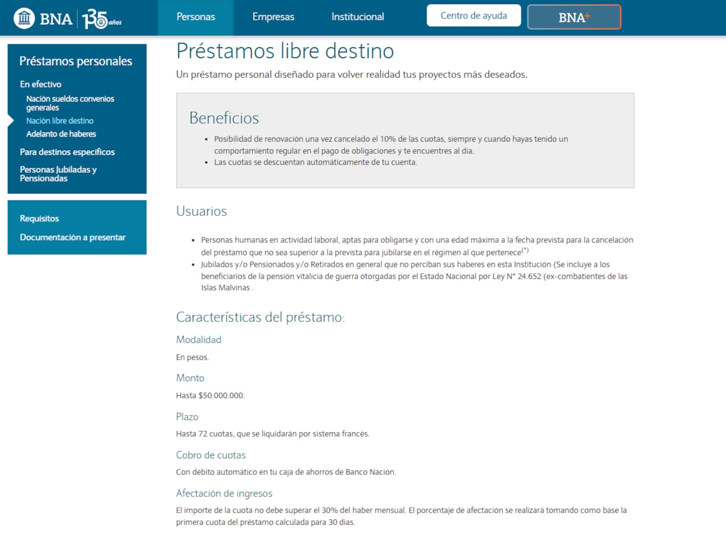 Así es el préstamo del Banco Nación (Foto: BNA).