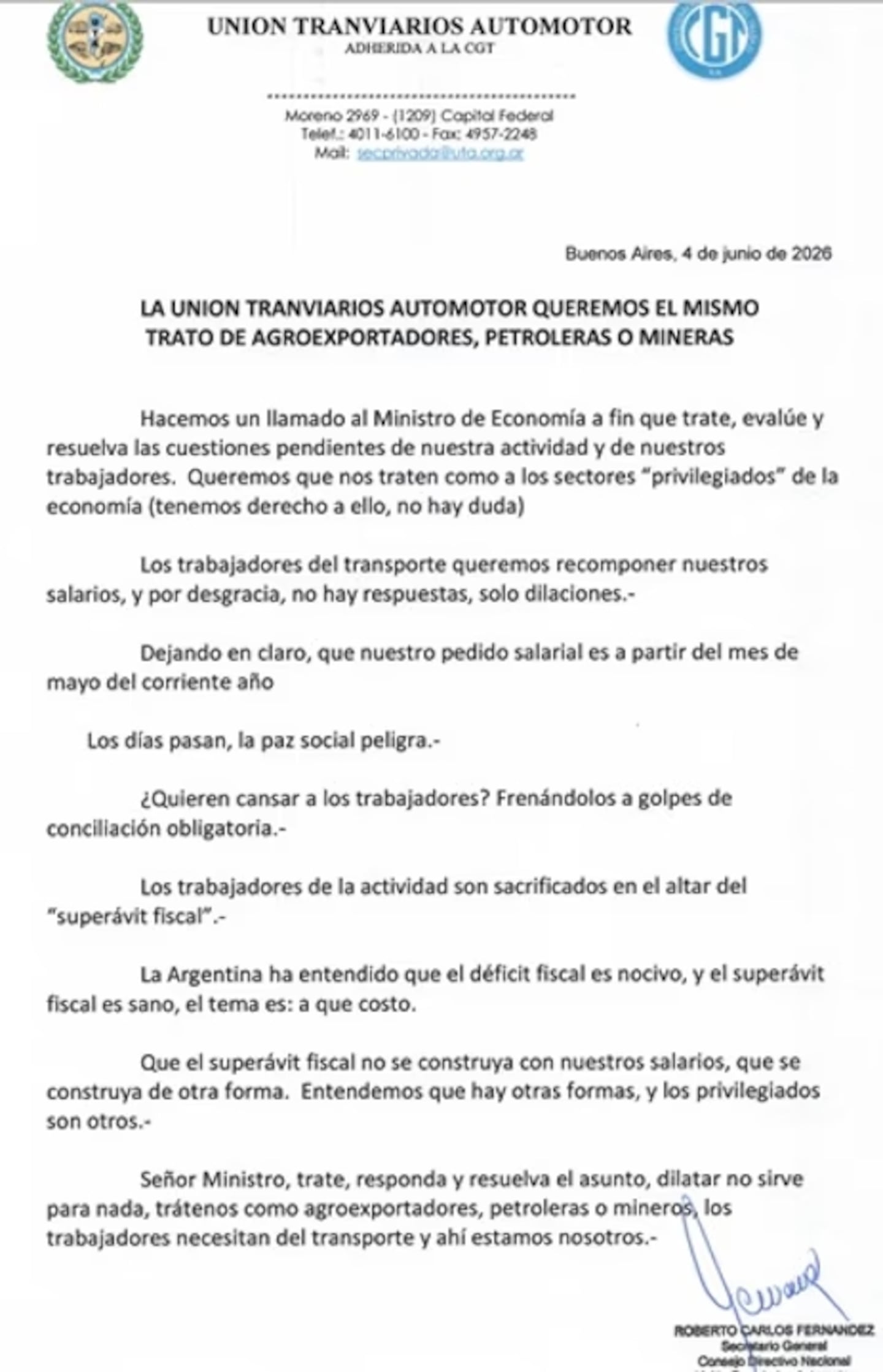 El comunicado de la UTA en reclamo de la apertura de paritarias. (Foto: UTA)