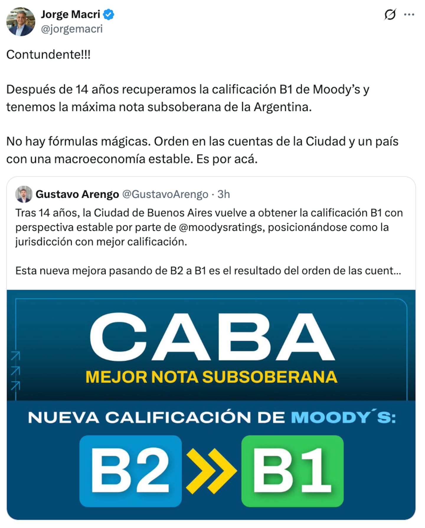 El anuncio de Jorge Macri sobre la mejora de la calidad crediticia para la Ciudad. (Fuente X)