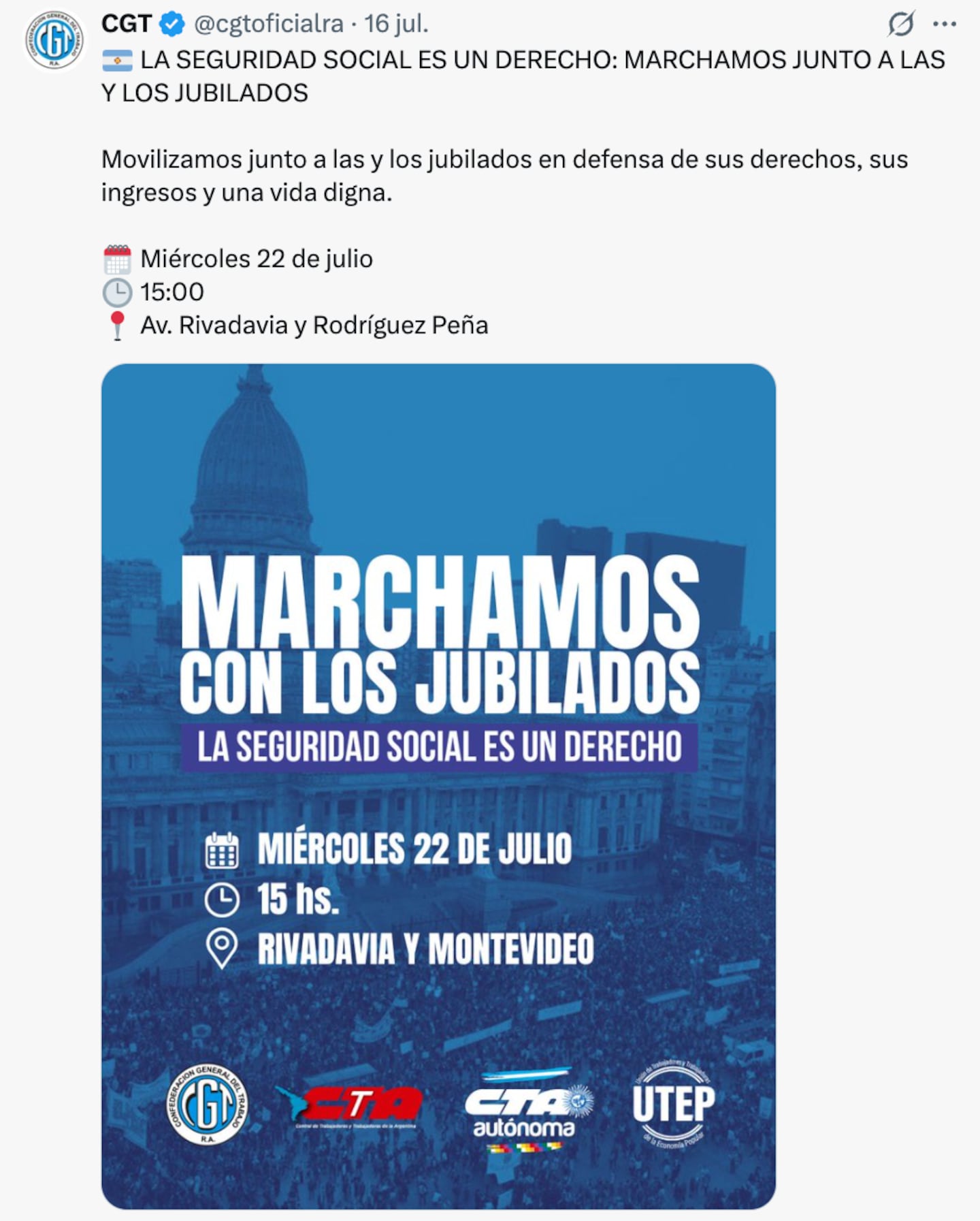 El posteo de la CGT sobre la movilización de este miércoles al Congreso.