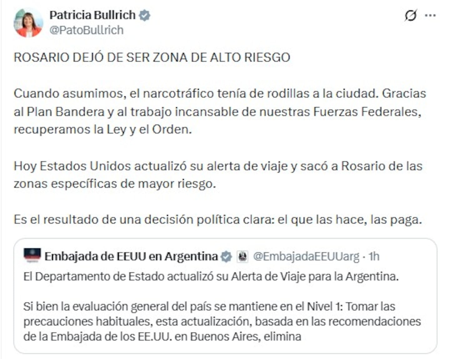 El posteo de la senadora Patricia Bullrich. (Captura: X)
