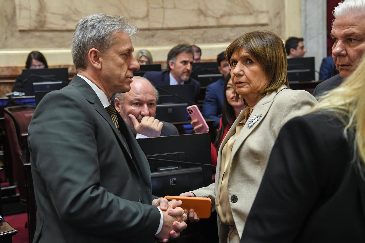 Senador Eduardo Vischi (UCR) y Patricia Bullrich (LLA). (Foto:  Juan Carlos Cardenas / Comunicación Senado).-