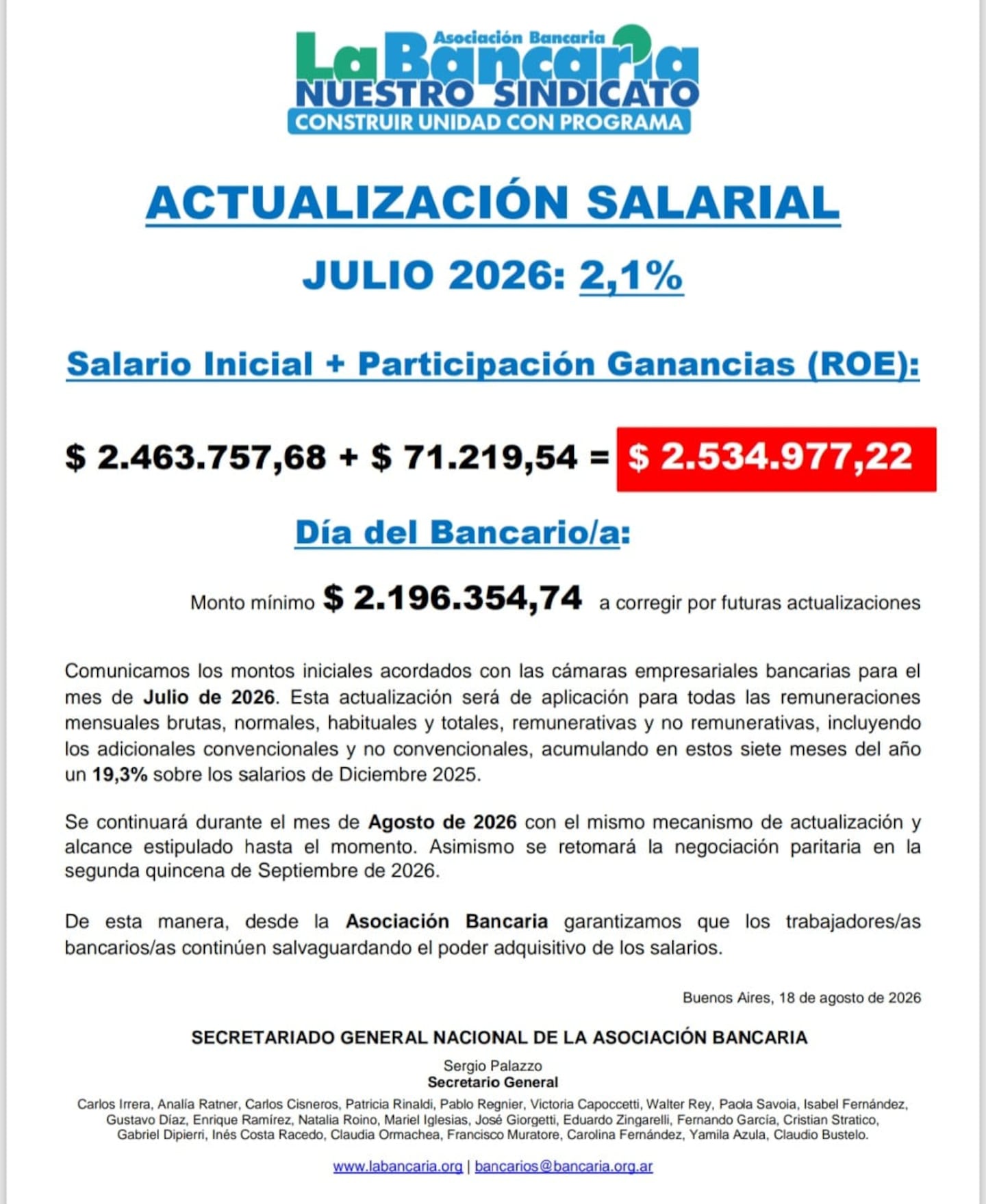 La Bancaria acordó un nuevo aumento salarial. (Foto: La Bancaria)